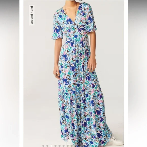 ba&sh NWT Ova Maxi Dress Floral Print Open-Back Backless Flowy Blue White XS / 0 - Picture 2 of 11